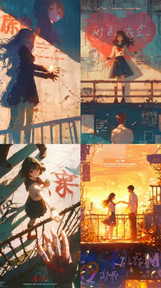 【构图层次】 中心视觉：天台栏杆处逆光站立的校服少女（林小满）侧身伸手，指尖将落未落的薄荷糖在夕阳光晕中折射虹光 背景层：布满涂鸦的水泥墙，褪色心形图案里藏着"jyc♡lxm"的荧光喷漆，墙根散落素描本与沾着颜料的画笔 光影层：铁网围栏在地面投下十字架状阴影，延伸至男主（江以川）半隐在暗处的身影，白衬衫左胸位置留着咖啡渍与创可贴补丁 【色彩体系】 主色调：燃烧的橙红色晚霞（占60%） 辅色调：薄荷糖的冷翠绿（20%）与校服藏蓝（15%） 点缀色：素描本泛黄的纸页与创可贴肉粉色（5%） 【核心符号】 泪痣特写：男主眼尾的褐色小点倒映着少女递糖的残影 荆棘糖霜：从打翻的玻璃糖罐蔓延出带刺藤蔓，缠绕住两人相隔的0.5米距离 过敏源线索：飘落的处方笺上"组胺释放剂"字迹与糖罐标签的薄荷叶形成对角线冲突 【字体设计】 书名采用薄荷糖结晶质感的立体字，边缘保留手写钢笔的飞白痕迹，英文副标题"seventeen years of sugar and scars"用烫银工艺印在衬衫第二颗纽扣位置 建议使用水彩混搭厚涂技法，在栏杆铁锈处做斑驳肌理，少女的百褶裙摆添加若隐若现的医院腕带图案，整体营造糖衣般易碎的光泽感。这是书籍封面