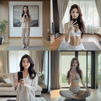 一个中国美丽成熟女性，瓜子脸贵妇气质，40岁年龄:成熟韵味，长发，风韵犹存的脸，，全身镜头，站瑜伽垫，完美指型，别墅的客厅，拿手机对镜拍照翘着二郎腿，完美身材，8k画质，高级感十足，真人效果