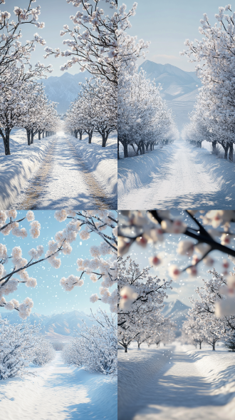 大雪初停，精致白梅树积雪压枝，远处大山清晰，对称构图，户外写实风，广角镜头，顶光，高清细节，静谧，32k画质。