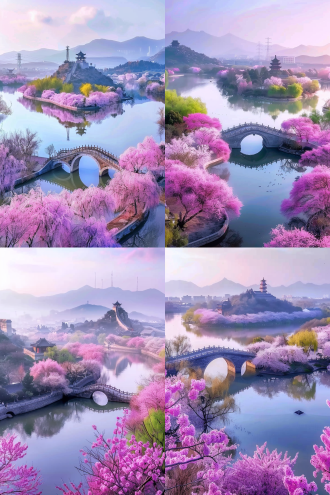 石拱桥跨水面，周围樱花树，远处山丘塔楼，近处心形岛，对角线构图，低饱和色调，长焦镜头，逆光，宁静浪漫