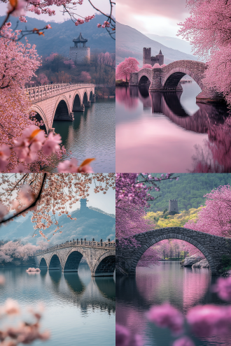 石拱桥跨水面，周围樱花树，远处山丘塔楼，近处心形岛，对角线构图，低饱和色调，长焦镜头，逆光，宁静浪漫