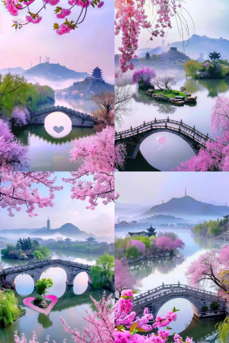 石拱桥跨水面，周围樱花树，远处山丘塔楼，近处心形岛，对角线构图，低饱和色调，长焦镜头，逆光，宁静浪漫