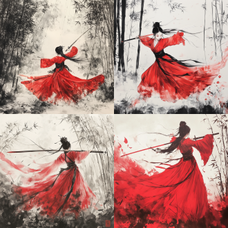 红衣少女 流动的汉服转化为当代褶皱设计 舞剑 竹林 中国传统泼墨 通过色差可见的精神光环