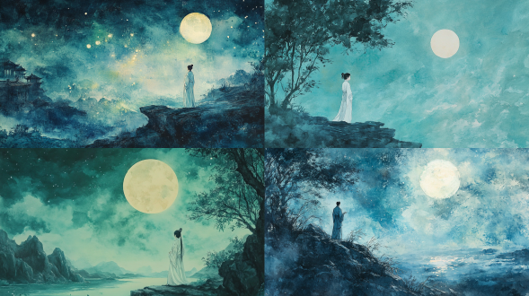 诗人站在夜空下，仰望着明亮的月光 天空中，中国水彩风格，天蓝绿，海报，无限 太空，明亮的星星，九首歌，张大千