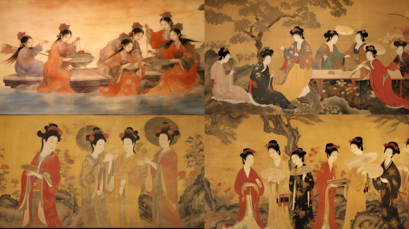 唐代宫廷贵妇梳高髻插金步摇，额点斜红妆，身着石榴红齐胸襦裙，披泥金帛画披帛，手持牡丹团扇倚太湖石，背景绘工笔重彩长安曲江春宴，花钿与璎珞细节精致