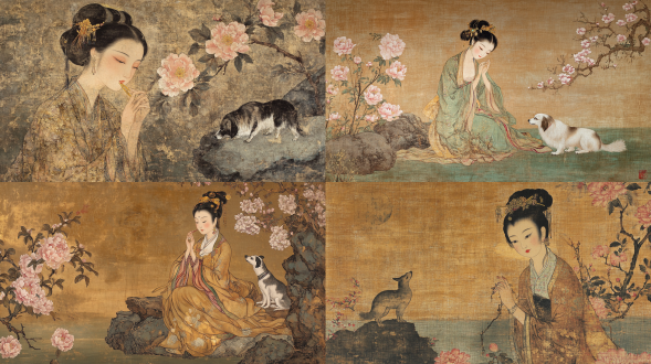 唐代工笔重彩仕女图，簪金步摇斜插牡丹，面贴鹅黄花钿，披泥金帛画披帛，倚坐湖石抚弄波斯犬，背景海棠盛开，绢本设色矿物颜料质感，
