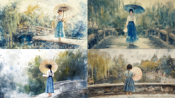 江南少女穿蓝色棉布裙，手持油纸伞站在石桥上，背景柳树和小河，水彩质感带水墨渲染效果 正视 全身