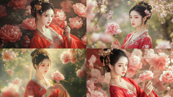 一个唐代女子穿红色丝绸汉服，手持牡丹花，金簪和花卉妆容，站在开满牡丹的宫廷花园，传统国画风格，柔和色彩， 正视 全身