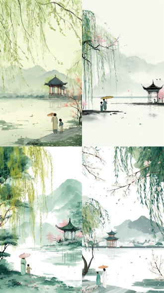 水墨丹青风格海报，前景嫩绿柳枝轻拂，中景细雨朦胧中油纸伞下母子遥望古亭，远景青山薄雾间。主色调青灰白辅以淡雅鹅黄，飘落梨花点缀画面，8k分，柔光，传统元素