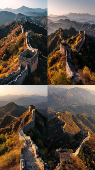 长城蜿蜒，前景近景远景层次分明，全景构图，暖黄与青灰配色，顶光，壮丽氛围，雄伟气势，广角镜头，高饱和度。 三分法构图