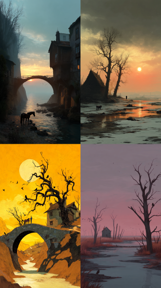 枯藤老树昏鸦，小桥流水人家，古道西风瘦马。夕阳西下，断肠人在天涯。