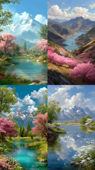 春天美景，远处有山脉，河流，蓝天白云太阳下湖边花草与桃花树林，全视角大风景，超清，真实细腻，治愈感。