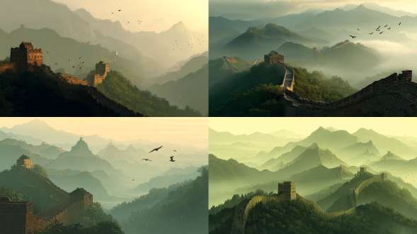 长城,晨雾中蜿蜒的青石砖巨龙盘踞山巅，飞鸟掠过箭垛，远方层叠山脉染金