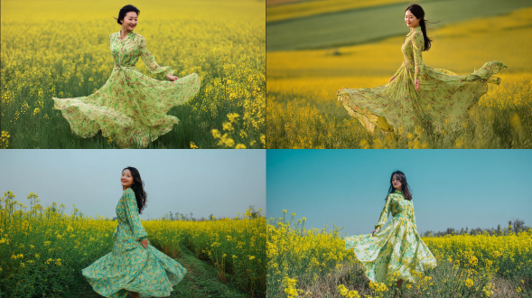 油菜花田，年轻中国女性，浅绿碎花长裙，轻轻转圈，裙摆飞扬，正面微笑，远景，逆光，浪漫唯美