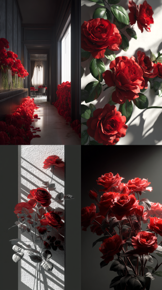 红色玫瑰、设计感、三维渲染、c4d、oc渲染、光影对比强烈、细节呈现、光影线条对比、主体全景、