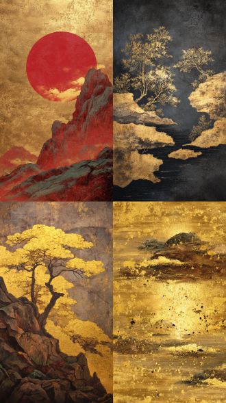 金箔岩彩，磨砂肌理绘画，中国风，金色系，杰作，大师构图，笔触感，肌理感。皓月，磨砂肌理绘画，大面积贴金、描金、酒金，简洁，工笔，大气，装饰，壁画，复古，做旧，斑驳感，禅意，