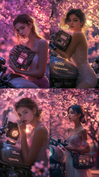 有个一美女倚在机车上，双手捧着一个机箱电源，逆光下花瓣与电源边缘泛金光，背景虚化为粉色花海，用“色调分离”为阴影加入淡紫色，平衡科技产品的冷硬感与樱花的浪漫。