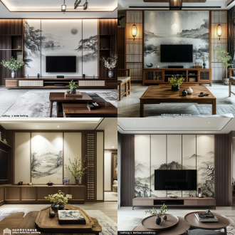 水墨山水画为背景，搭配明月柜、实木电视柜和钓鱼灯，将窗外景致引入室内，营造“无物胜有物”的悠远意境13。 绿植点缀（如鹤望兰、山野绿植）可强化自然感，契合宋式雅致风格 不对称格栅与留白 采用布纹墙板或艺术涂料墙面，左右嵌入木格栅展示柜，搭配胡桃木悬空台，形成虚实对比的层次感 适当留白墙面，仅以宋式条案、字画或插花装饰，