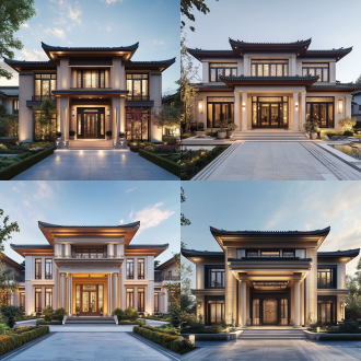 33米长17米宽中式别墅，前有前屋，高入户感，对称布局，古典风，暖黄调，长焦镜头，顶光，庄重。