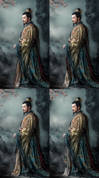 tang dynasty emperor portrait, taizong in golden dragon robe standing by mountain pavilion, holding scroll of poetry, misty pine forest background, ink wash painting style with muted earth tones, minimalistic composition with blank space for text, inspired by wu daozi's brushstrokes