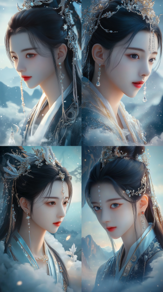 腾云驾雾，神话，神仙，洛神，头戴华丽头饰，如梦如仙，胶片模拟，高清，电影灯光，眼部装饰着星辰，轻透蓝底，美白效果，32k, 手臂上戴着镶钻手镯。