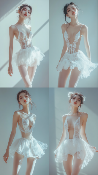 中国高挑女模特着清凉白绸吊带睡衣、精致丝袜，发髻高耸妆容精致，气质清冷，全身照，旋转45度，长焦逆光，冷调8k写实。