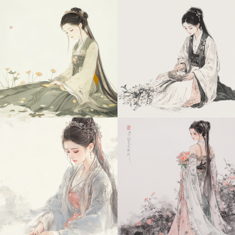 黛玉葬花，中国画风格，线条勾勒，娟本淡彩，高画质，优雅姿态，柔和表情，背景留白，细节丰富，静谧氛围，传统服饰，细致描绘，古典美。