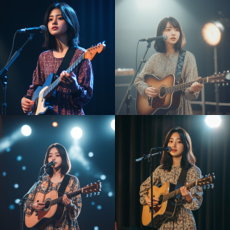 一位18-25岁亚洲女生站在台上，披肩长发，手持吉他，站在麦克风前，面对镜头，穿着素雅图案的衣服，背景简洁。超清，8k分辨率，确保细节。风格偏向写实，但带点梦幻感