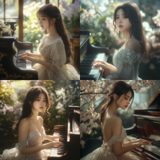 一位18-25岁亚洲女生坐在钢琴前面，披肩长发，，侧面镜头，穿着礼服，背景为春色花园里。超清，8k分辨率，确保细节。风格偏向写实