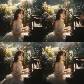 一位18-25岁亚洲女生坐在钢琴前面，披肩长发，，侧面镜头，穿着礼服，背景为春色花园里。超清，8k分辨率，确保细节。风格偏向写实