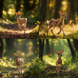 萌萌哒小鹿，三分法构图，森林环境，暖绿调，长焦镜头，逆光，动态奔跑，超清画质，可爱灵动。