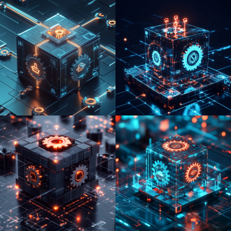立体模块化展示研发-协同-效能，立方体底座标图标，齿轮链条连模块，顶部双轴图发光，居中构图，科技风，冷色调，顶光。