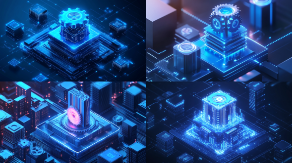 工业信息图表，等轴测视角，科技蓝白调，参数化木纹与磨砂玻璃，立体模块化，底座堆叠立方体，中部齿轮链条，顶部3d数据塔，霓虹光效