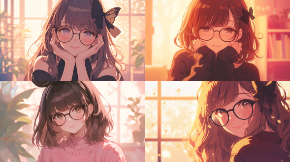 可爱棕色卷发女孩，戴黑蝴蝶结与眼镜，三分法构图，室内温馨环境，特写镜头，暖光，微笑，粉色系，甜美。