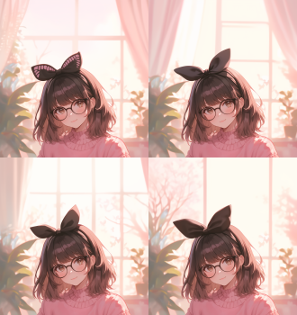 可爱棕色卷发女孩，戴黑蝴蝶结与眼镜，三分法构图，室内温馨环境，特写镜头，暖光，微笑，粉色系，甜美。