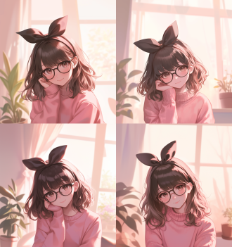 可爱棕色卷发女孩，戴黑蝴蝶结与眼镜，三分法构图，室内温馨环境，特写镜头，暖光，微笑，粉色系，甜美。