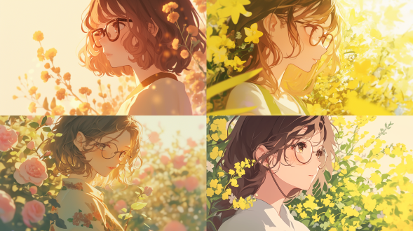 棕色卷发戴眼镜女孩被花朵围绕，夏天场景，并列构图，清新风，自然光，特写镜头，暖黄色调，文静姿态，柔和氛围。