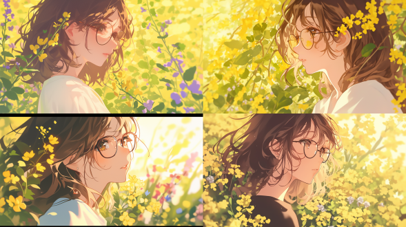 棕色卷发戴眼镜女孩被花朵围绕，夏天场景，并列构图，清新风，自然光，特写镜头，暖黄色调，文静姿态，柔和氛围。