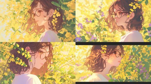棕色卷发戴眼镜女孩被花朵围绕，夏天场景，并列构图，清新风，自然光，特写镜头，暖黄色调，文静姿态，柔和氛围。