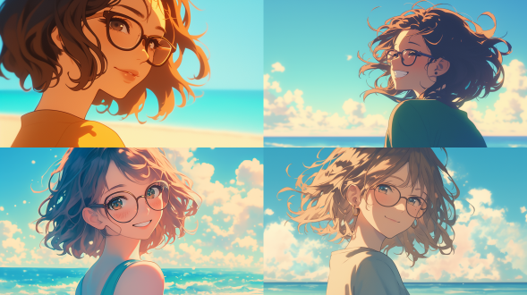 棕色长发戴眼镜女孩海边微笑，气质清冷，手绘风，三分构图，蓝天碧海，暖黄调，柔光，特写镜头，惬意。