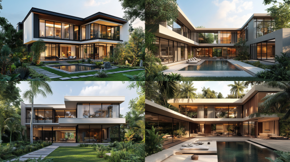 现代别墅，水景庭院，多窗设计，开放式布局 ，绿植环绕