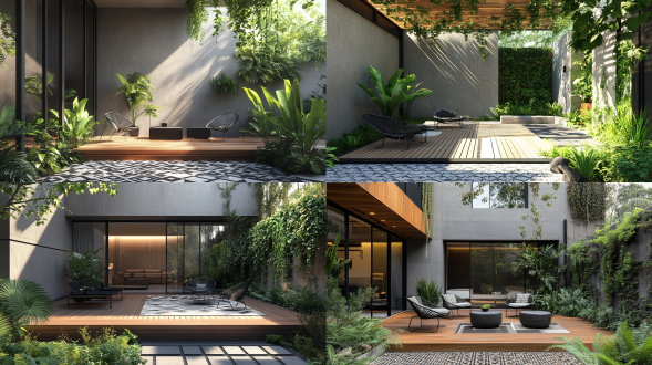 现代简约庭院，木质平台，黑白配色户外家具，金属边休闲椅，几何纹理地砖，大型绿植，爬藤植物，灰色墙面