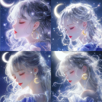 梦幻唯美二次元插画风：融合柔和光影、清新低饱和色调，搭配细腻的线条与渐变渲染，营造出空灵浪漫的童话氛围，带轻微光晕特效增强梦幻感，二、画面元素 主体人物：闭眼的银发少女，发丝呈波浪卷，泛着珍珠光泽，脸颊带淡淡红晕，唇色浅粉，佩戴月牙形黄色耳环（嵌蓝色宝石）。 服饰细节：身着蓝紫色渐变服饰，布料质感轻盈，领口与边缘有微光流动，若隐若现的飘带缠绕。 氛围元素：背景浅蓝渐变，左上角悬弯月，周围散布大小不一的闪烁星星，发丝间穿插发光星轨线条，整体被柔和光晕包裹。 三、构成方法 特写构图：聚焦人物上半身，头部居画面中心偏上位置，利用发丝自然延伸填充画面空间。 光影引导：主光源从上方偏左投射，突出发丝光泽与面部立体感，星星与光晕作为点缀光源，增强画面层次感。 元素环绕：弯月、星星分布在人物周围，形成视觉环绕效果，强化「少女与星空」的主题关联。 四、分段描述 人物主体：细腻刻画银发的卷曲纹理与光泽，少女闭眼神态恬静，耳环细节清晰，服饰褶皱随身体曲线自然起伏。 氛围营造：背景浅蓝渐变模拟夜空，弯月与星星分布错落有致，星星闪烁亮度分层，部分星星拖尾光效增加动态感。 光影融合：发丝受光面高亮，背光面保留柔和阴影，服饰微光与背景光晕自然衔接，整体画面通透无生硬边界。