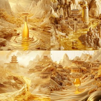 一张关于酒的宣传海报，金色山水背景，古建筑仙境，前景有金色酒液流淌成河，梦幻，c4d建模渲染，大气，敦煌