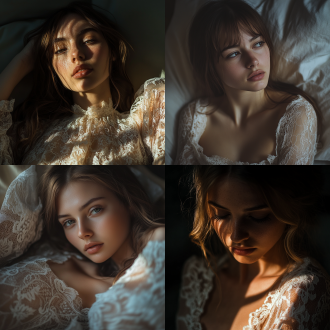 人物摄影，莱卡镜头，慵懒女性，蕾丝装束，若隐若现，轮廓光，肌肤细腻，微暖色调，高分辨率，高清4k