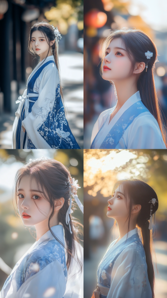 18岁国风少女街边，对角线构图，清新风，蓝白服装，清纯可爱表情，中长焦镜头，侧逆光，暖色调，闲适，自然。