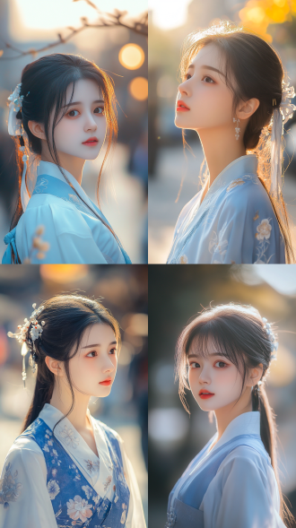 18岁国风少女街边，对角线构图，清新风，蓝白服装，清纯可爱表情，中长焦镜头，侧逆光，暖色调，闲适，自然。