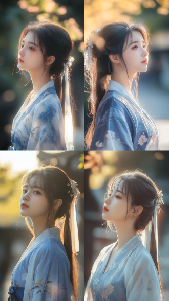 18岁国风少女街边，对角线构图，清新风，蓝白服装，清纯可爱表情，中长焦镜头，侧逆光，暖色调，闲适，自然。