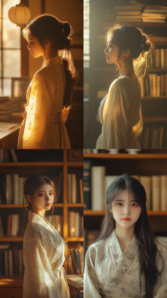 20岁可爱国风少女着汉服连衣裙在书房，三分构图，暖黄调，长焦镜头，顶光，静立，典雅，最高画质8k。