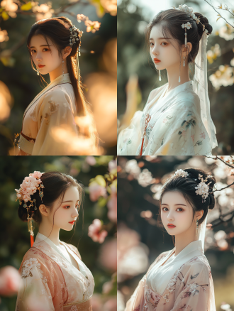 20岁可爱国风少女着汉服裙戴玉发钗，站花园正面全身远景照，春天，最高画质8k，暖光，远景镜头，清新色彩，甜美氛围。